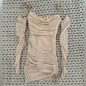 Oh Polly Light Beige Sheer Ruched Off-Shoulder Mesh Dress